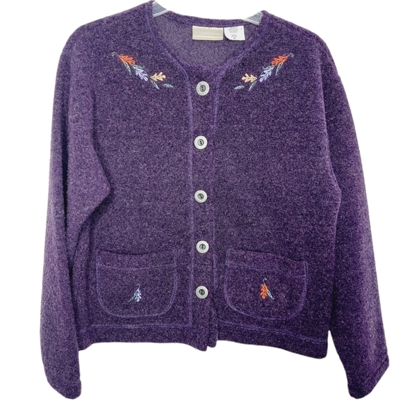 Coldwater Creek Women's Cardigan Wool Blend Small Embroidered Purple   Made USA - Picture 5 of 12